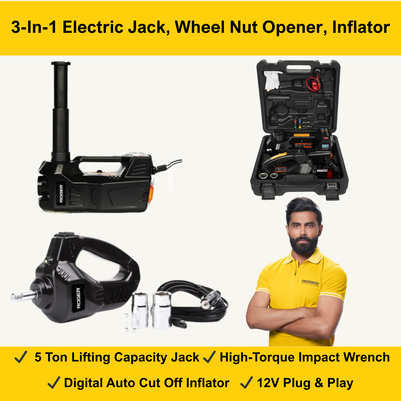 Roger 3-in-1 Electric Car Jack Kit – 5 Ton | 12V Electric Jack + 