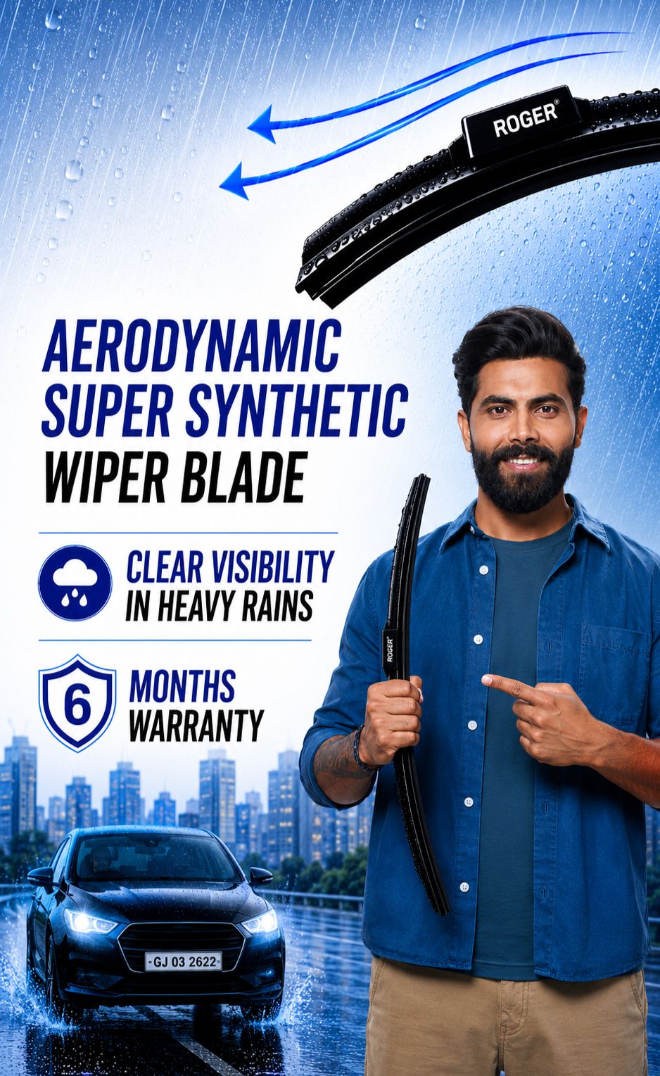 ROGER Aerodynamic Car Wipers (2 Pcs) with Visio Rubber – High-Speed Stability, Noise Control, All-Weather Performance | 6-Month Warranty