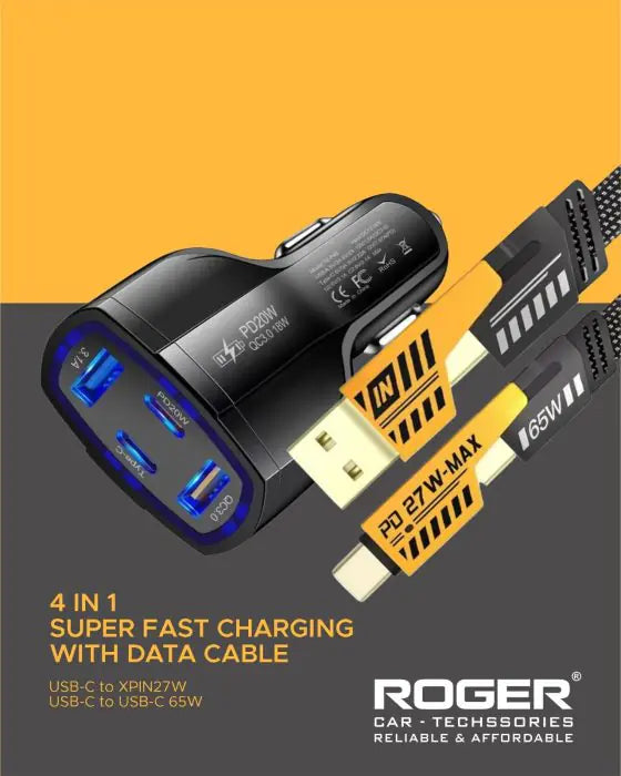 Roger Car Charger – Fast Charging Adapter with USB, Type-C, 12V Socket, Quick Charge 3.0, 3-Port Mobile Charger – Black