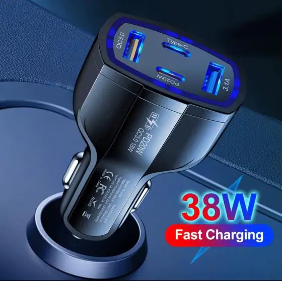 Roger Car Charger – Fast Charging Adapter with USB, Type-C, 12V Socket, Quick Charge 3.0, 3-Port Mobile Charger – Black