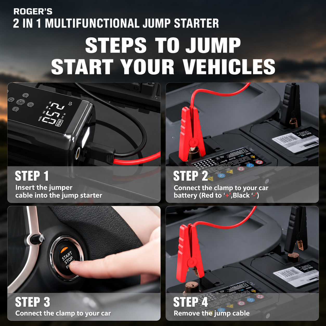 Roger 2-In-1 Multifunctional Jump Starter – Your Ultimate Car Emergency Companion! Jump-Start Your Vehicle, Inflate Tires, Charge Your Gadgets, Or Light Up The Night – All In One Compact Device. 🚗