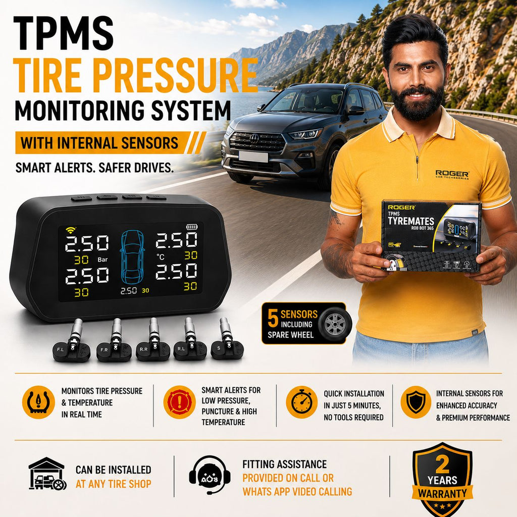 Roger TPMS | 5 Internal Sensors (Including Spare Tyre) | OEM-Style Sensors | Real-Time Tyre Pressure Monitoring | Instant Puncture Alerts | 2-Year Warranty | Auto Power On/Off