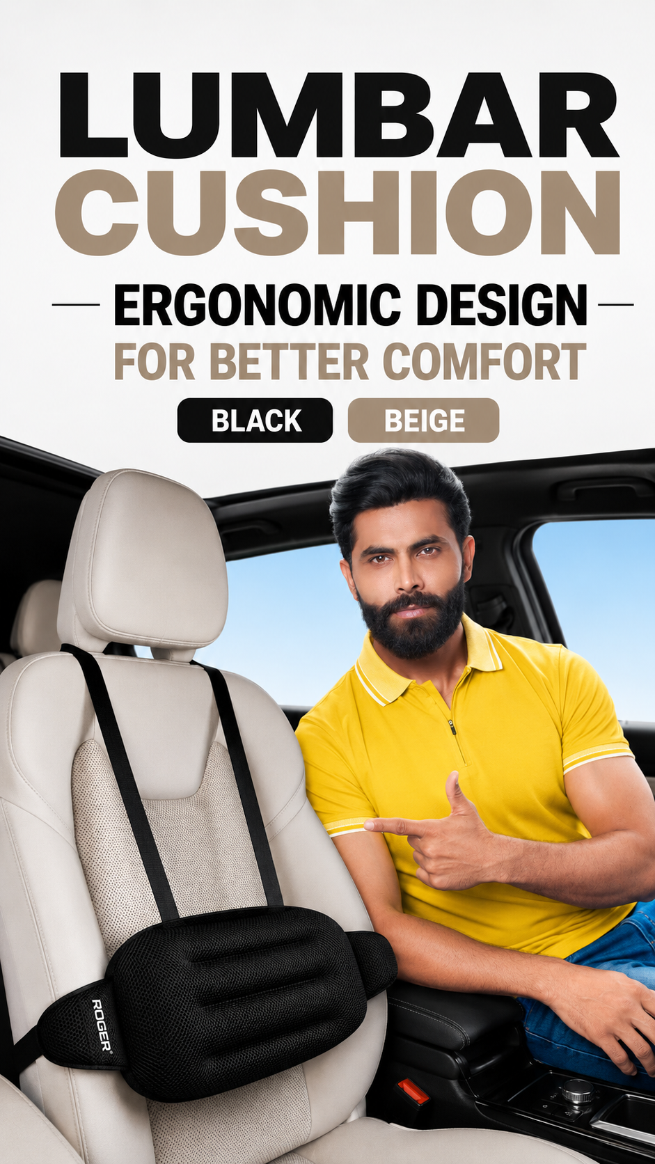 Roger Car Lumbar Support Cushion | Breathable Ergonomic Design | Adjustable Straps | Soft Cotton Comfort | Beige & Black