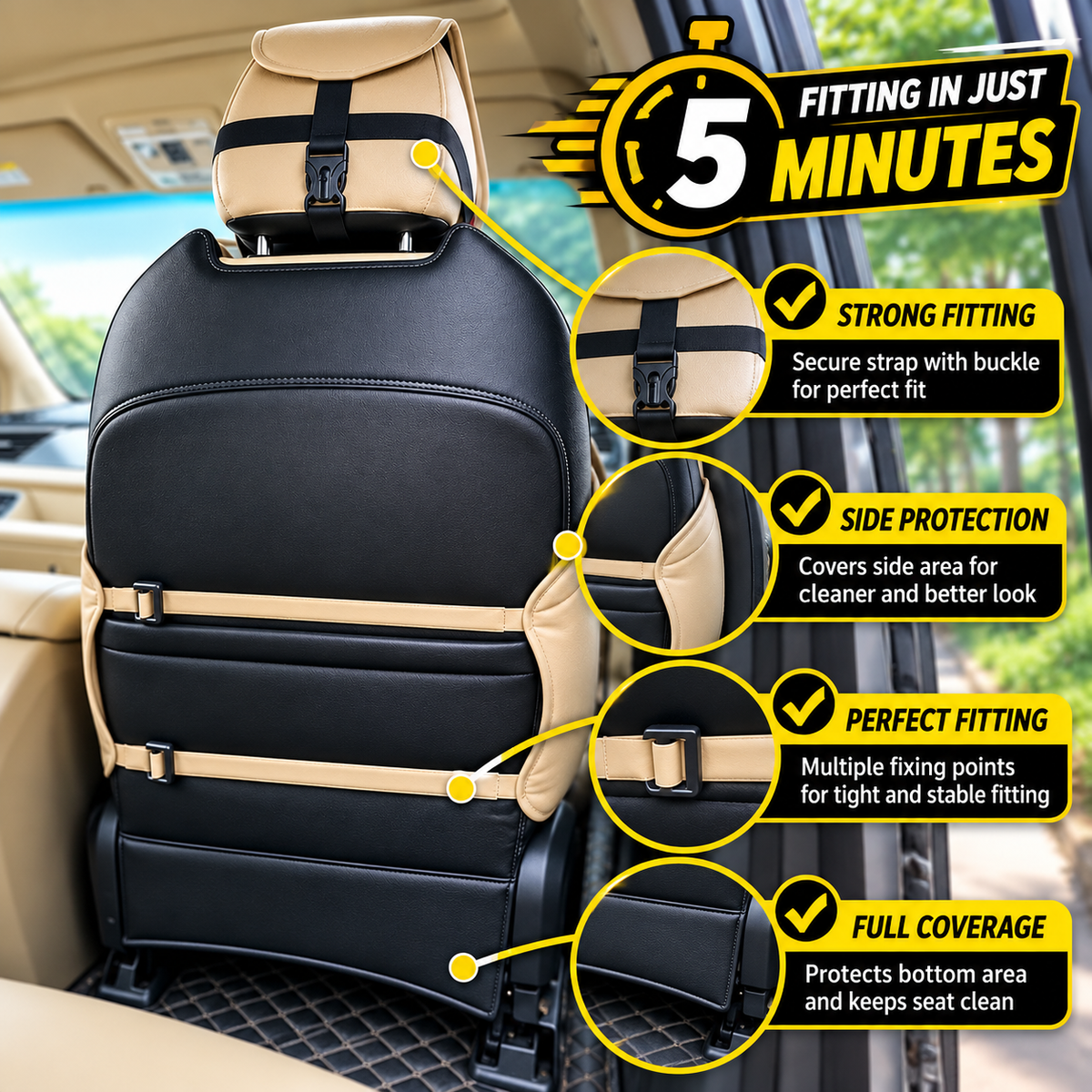 Roger Universal Multi-Support Seat Cover |1-Piece | Supports Neck to Thighs | Fits All Car Models | 12-Month Stitching Warranty | Reduces Long Drive Fatigue | Built-In Lumbar Support | Premium Synthetic Leather
