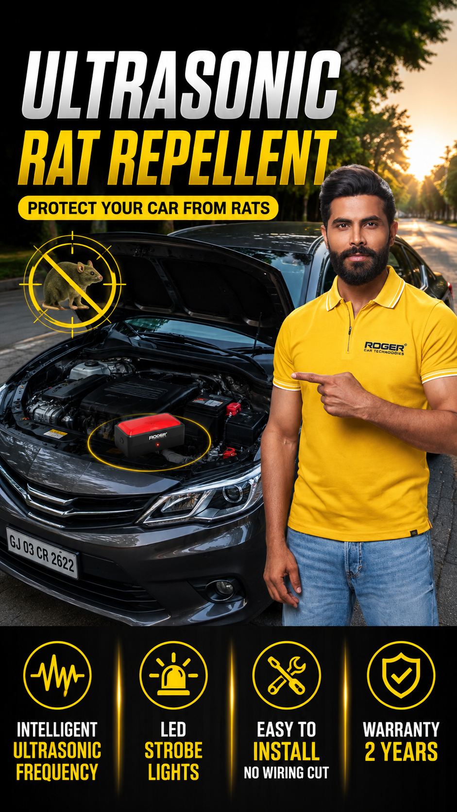 Ultrasonic Rat Repellent | Protects ENgine Wiring | DIY Easy Installation | No Wire Cutting Required | 2-Year Warranty | 4 LED Strobe Lights | Waterproof Design |