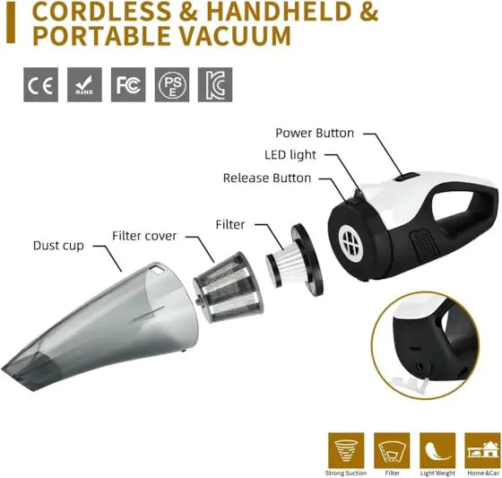 ROGER Wireless Handheld Car Vacuum Cleaner Strong Suction, 4 in 1 Car Vacuum Cleaner with 6000pa Strong Suction, Portable Car Vacuum, DC 11V Car Vacuum Cleaner High Power, LED Light
