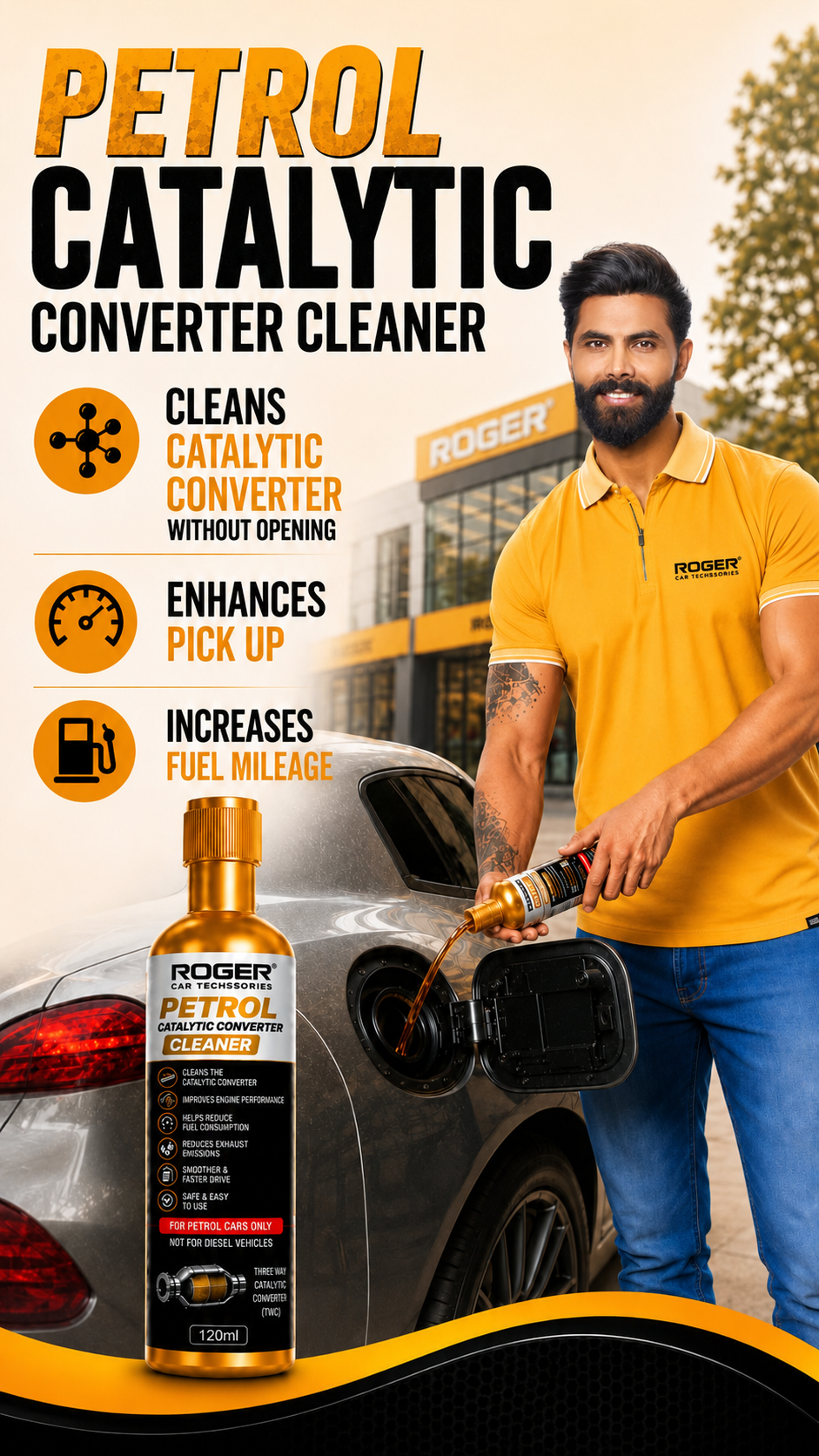 Roger Catalytic Converter For Petrol & CNG Cars | Deep Carbon Cleaning | Protects Catalytic Converter | Better Pickup & Mileage | Add Every 5,000 km | DIY Easy Application