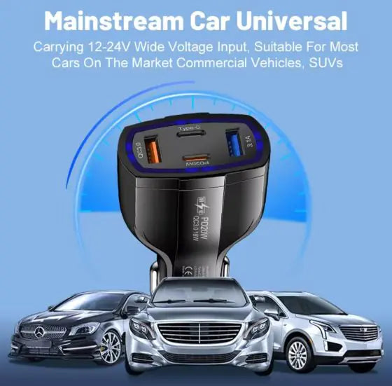 Roger Car Charger – Fast Charging Adapter with USB, Type-C, 12V Socket, Quick Charge 3.0, 3-Port Mobile Charger – Black