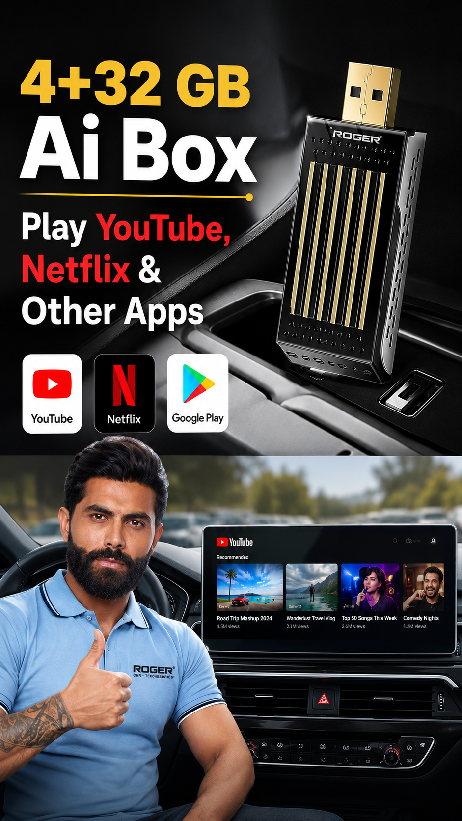 Roger AI Box 4GB + 32GB | YouTube, Netflix, Hotstar & Any App| 1-Year Warranty | Converts Wired Carplay & Android Auto to Wireless |