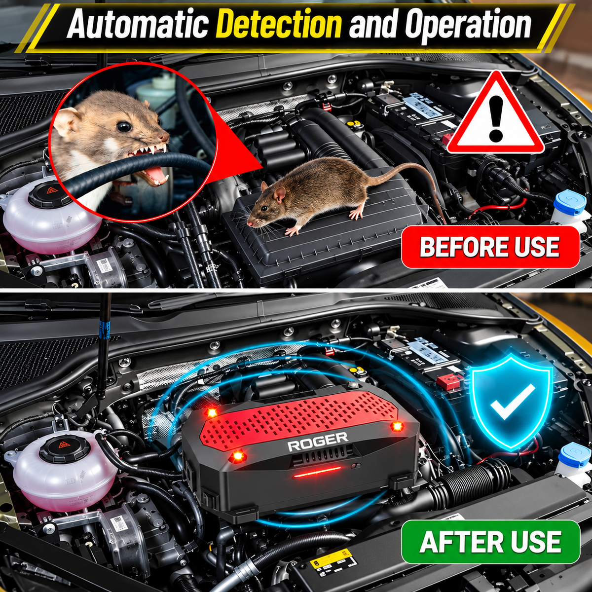 Roger Ultrasonic Rat Repellent | Protects Engine Wiring | DIY Easy Installation | No Wire Cutting Required | 2-Year Warranty | 4 LED Strobe Lights | Waterproof Design |