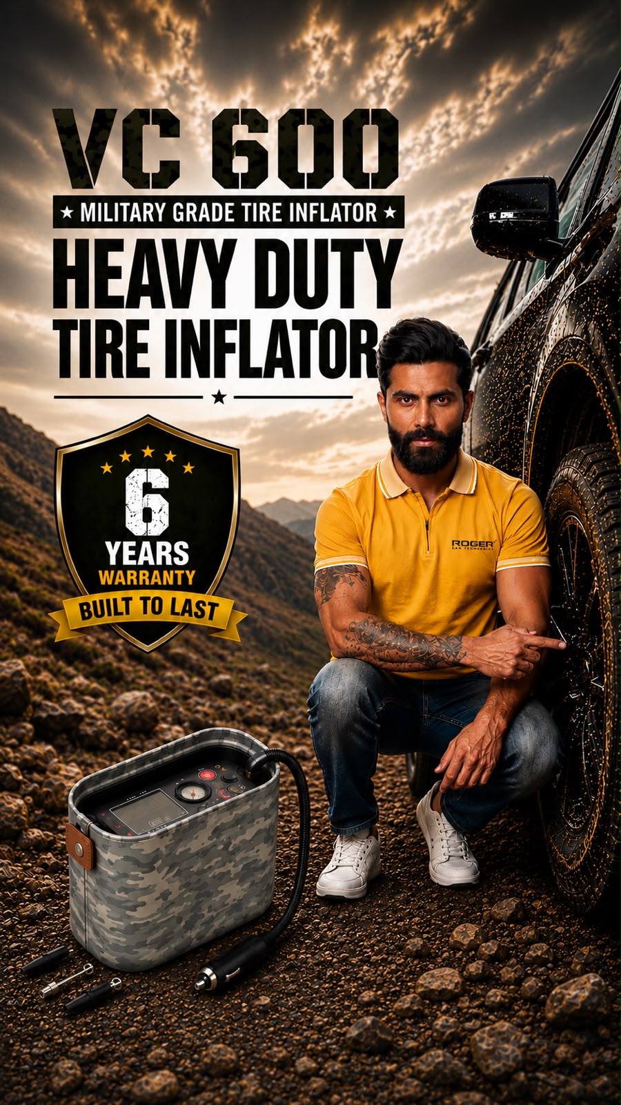 ROGER VC600 Heavy Duty 12V Robust Milatry Grade Tyre Inflator- Unconditional 6 Year Warranty