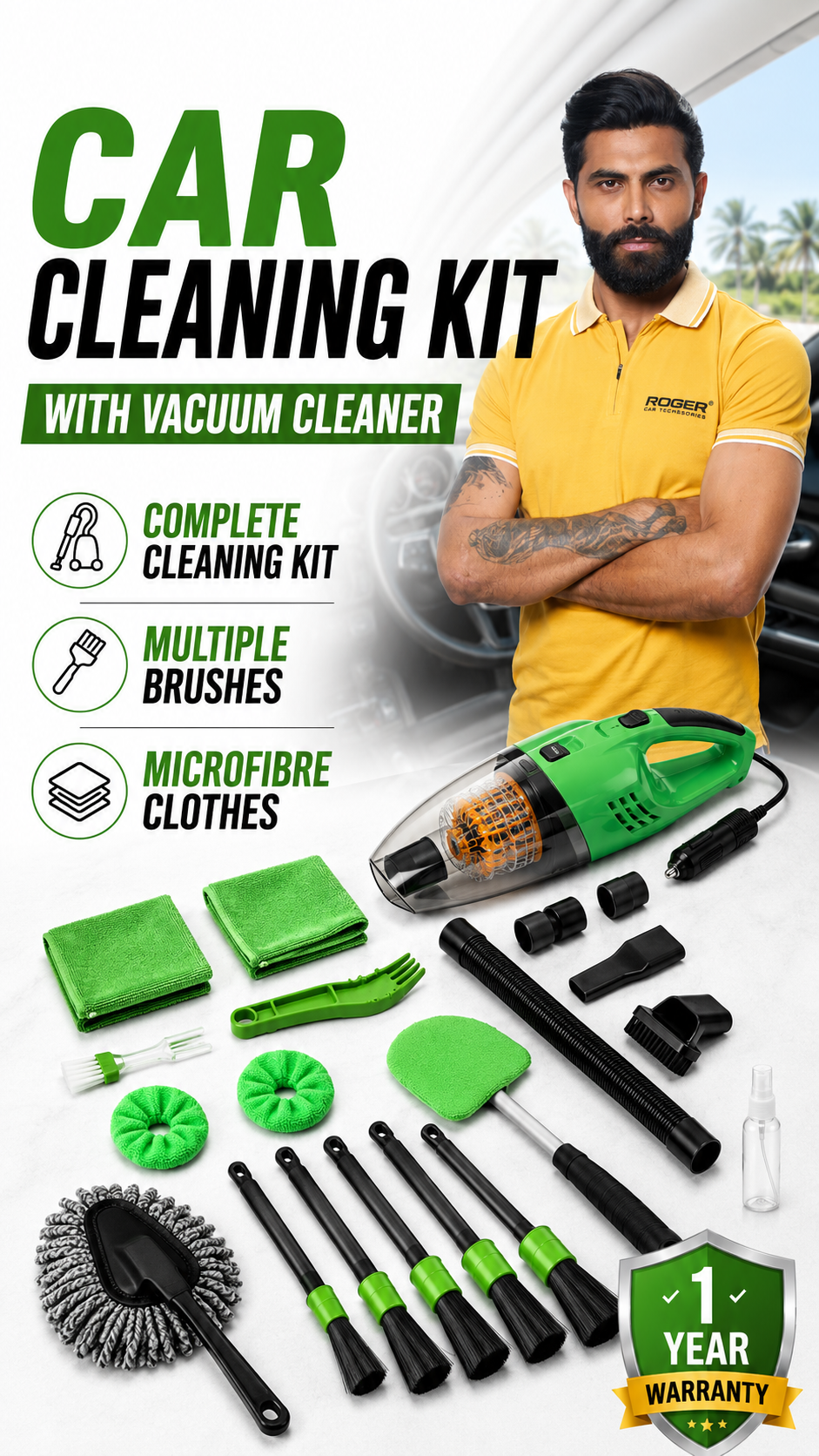Roger 17-Piece Complete Car Cleaning Kit | High-Power Vacuum Cleaner | Windshield Cleaning Tool | Microfiber Towels & Brushes | 6-Month Warranty
