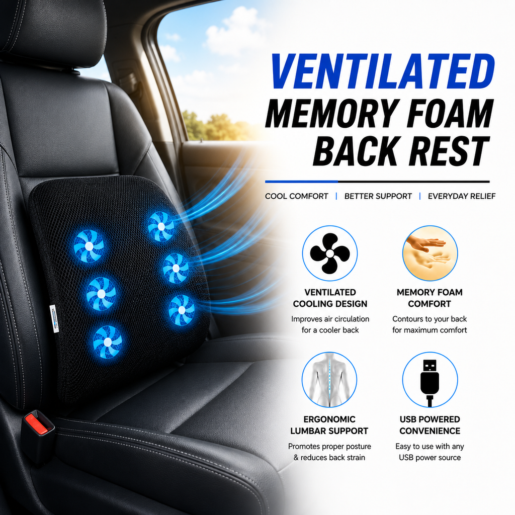 ROGER Ventilated Memory Foam Back Rest For Cool Comfort / Better Support / Everyday Relife