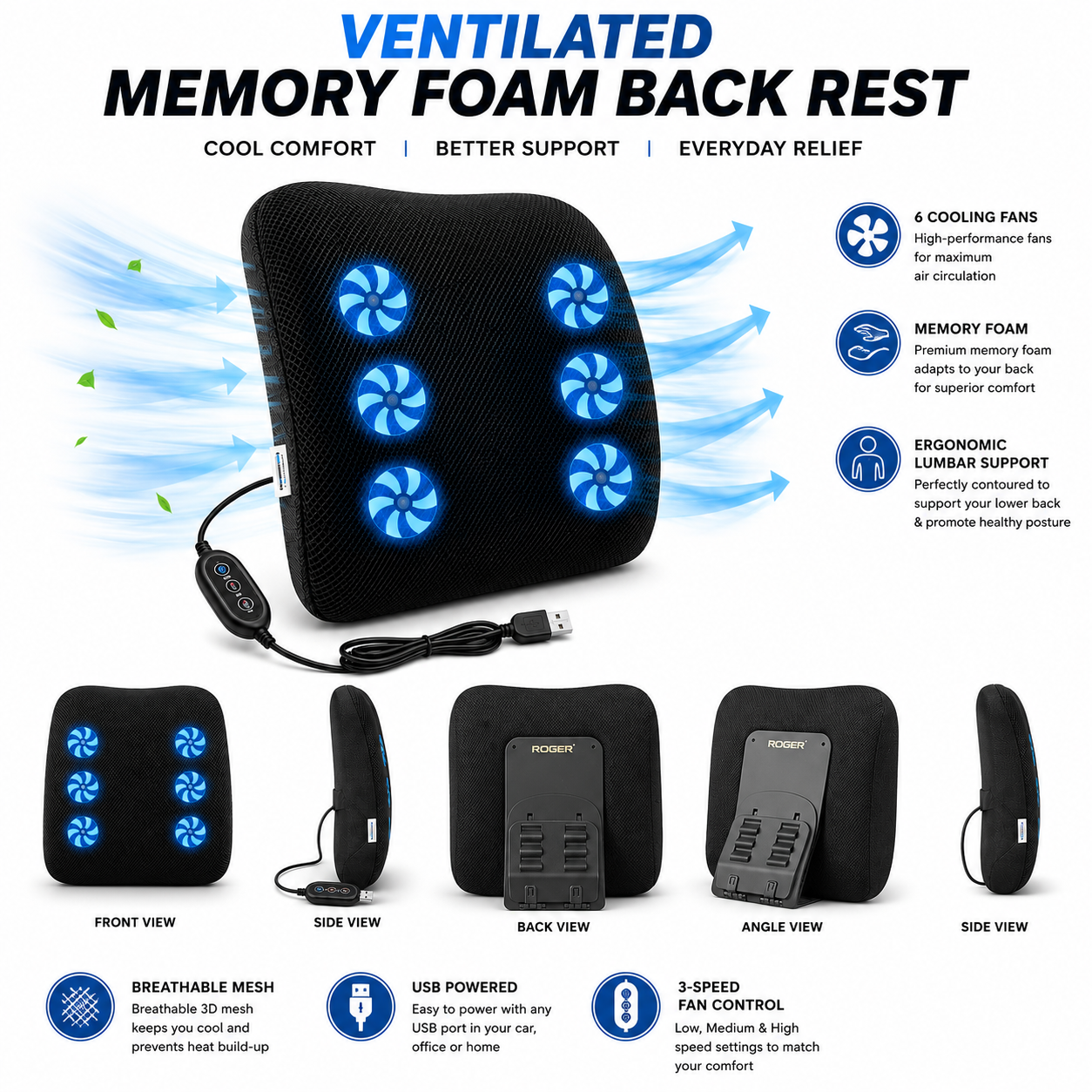 ROGER Ventilated Memory Foam Back Rest For Cool Comfort / Better Support / Everyday Relife