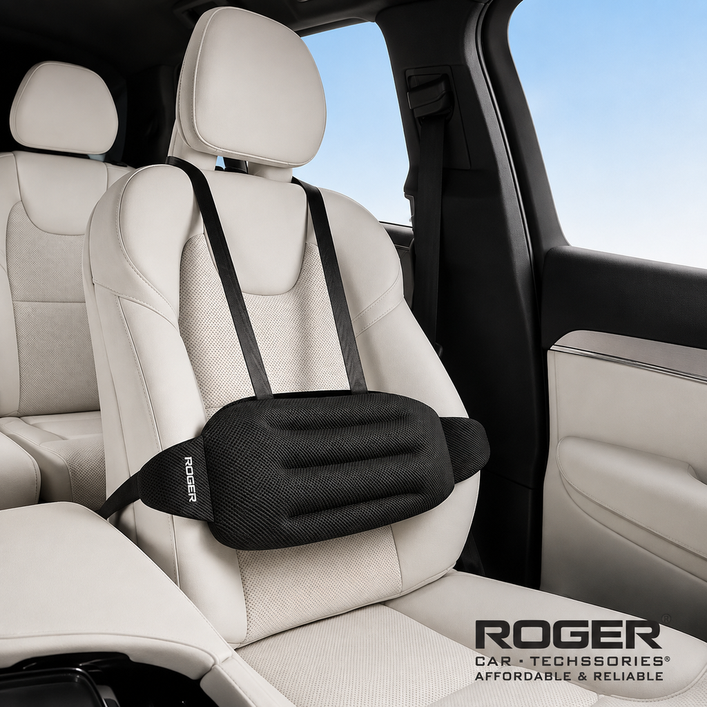 Roger Car Lumbar Support Cushion | Breathable Ergonomic Design | Adjustable Straps | Soft Cotton Comfort | Beige & Black