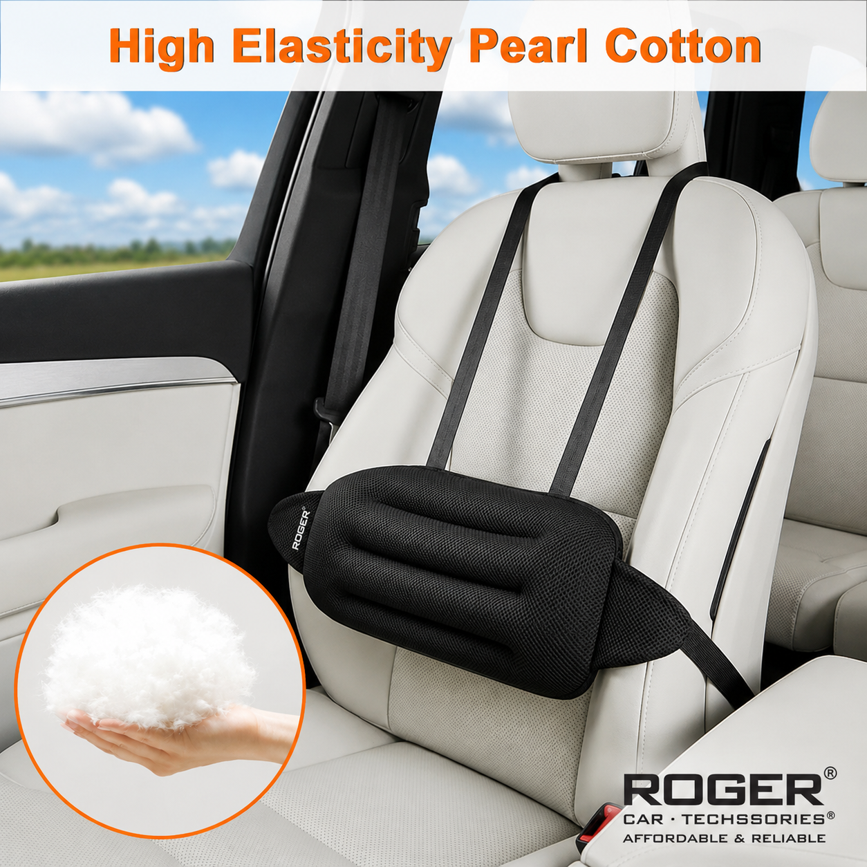 Roger Car Lumbar Support Cushion | Breathable Ergonomic Design | Adjustable Straps | Soft Cotton Comfort | Beige & Black