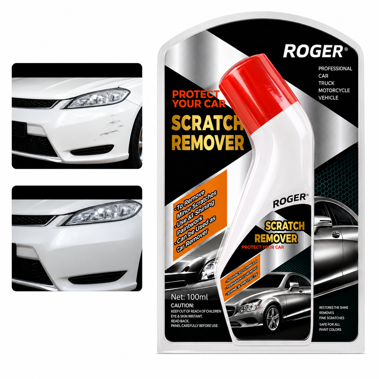 Roger Scratch Remover | Built-in Sponge Applicator | Removes Light Scratches & Restores Shine | For All Car Paint Colours | 100 ml