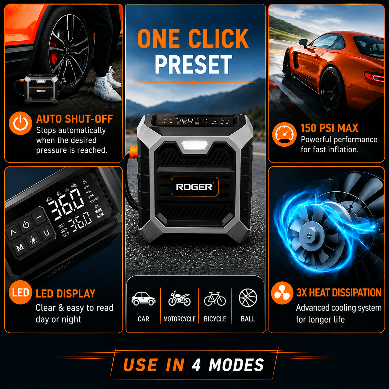 Roger 3 In 1 Multifunctional Jump Starter 800A Jump Starter | Digital Auto Cut-Off Air Inflator Wireless & 12V Operation | 8000 mAh Battery | 1 Year Warranty
