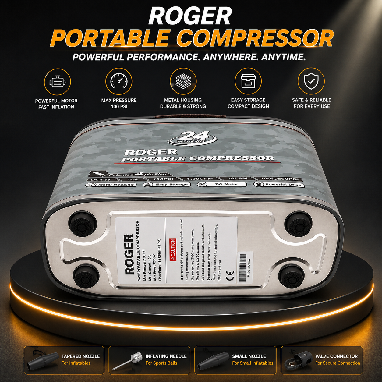 Roger Military-Grade Inflator | 6-Year Warranty | Robust & Rugged Design | Heavy-Duty Metal Body | Built for Long-Term Use | Works for Cars & SUVs
