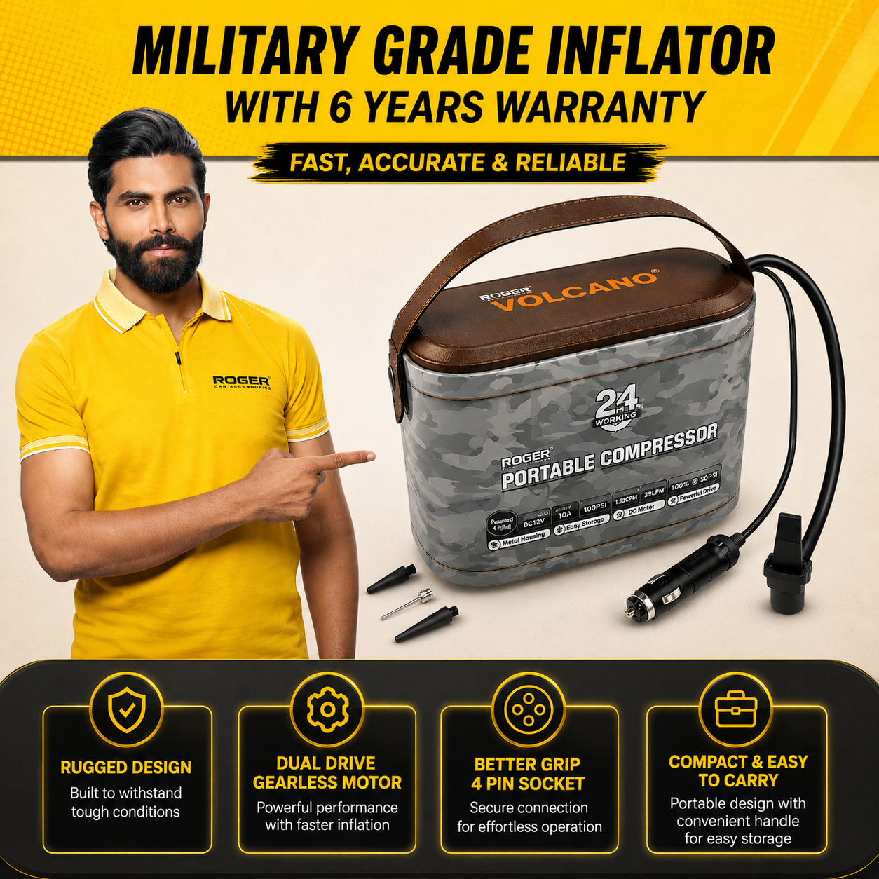 Roger Military-Grade Inflator | 6-Year Warranty | Robust & Rugged Design | Heavy-Duty Metal Body | Built for Long-Term Use | Works for Cars & SUVs