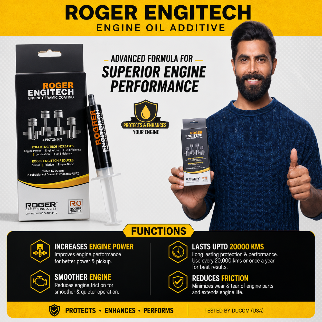 Roger Engitech Engine Oil Additive for Cars | Better Engine Pickup & Performance | Lasts Up to 20,000 km | Reduces Engine Noise | Nano Ceramic Technology|DIY Easy Application