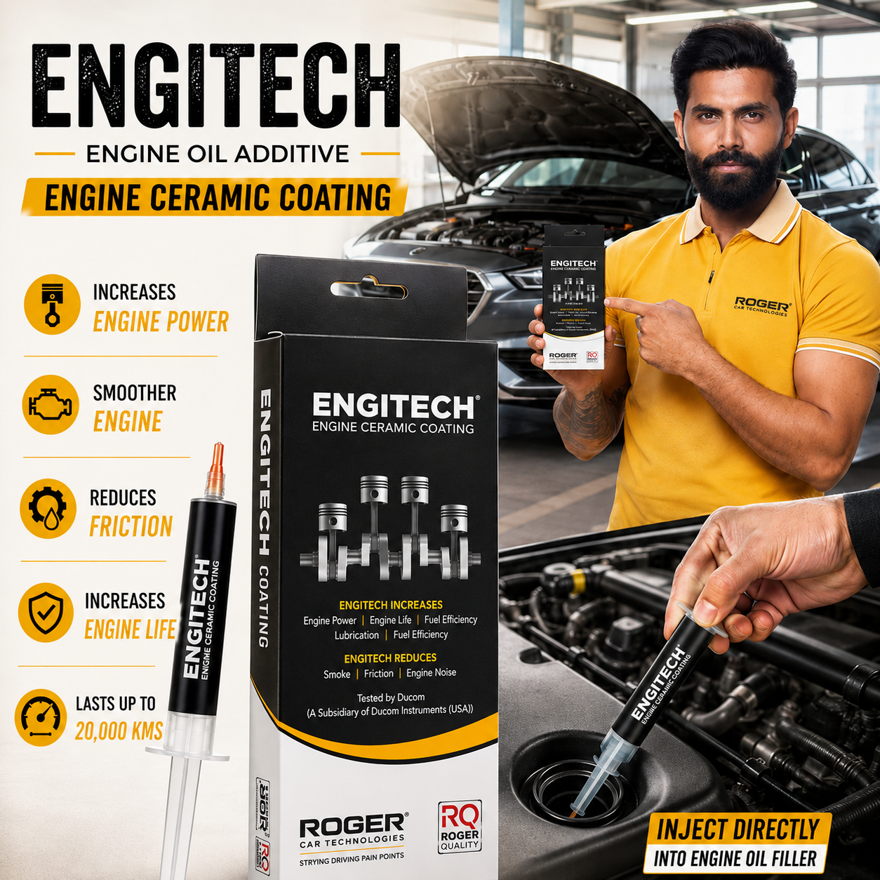 Roger Engitech Engine Oil Additive for Cars | Better Engine Pickup & Performance | Lasts Up to 20,000 km | Reduces Engine Noise | Nano Ceramic Technology|DIY Easy Application