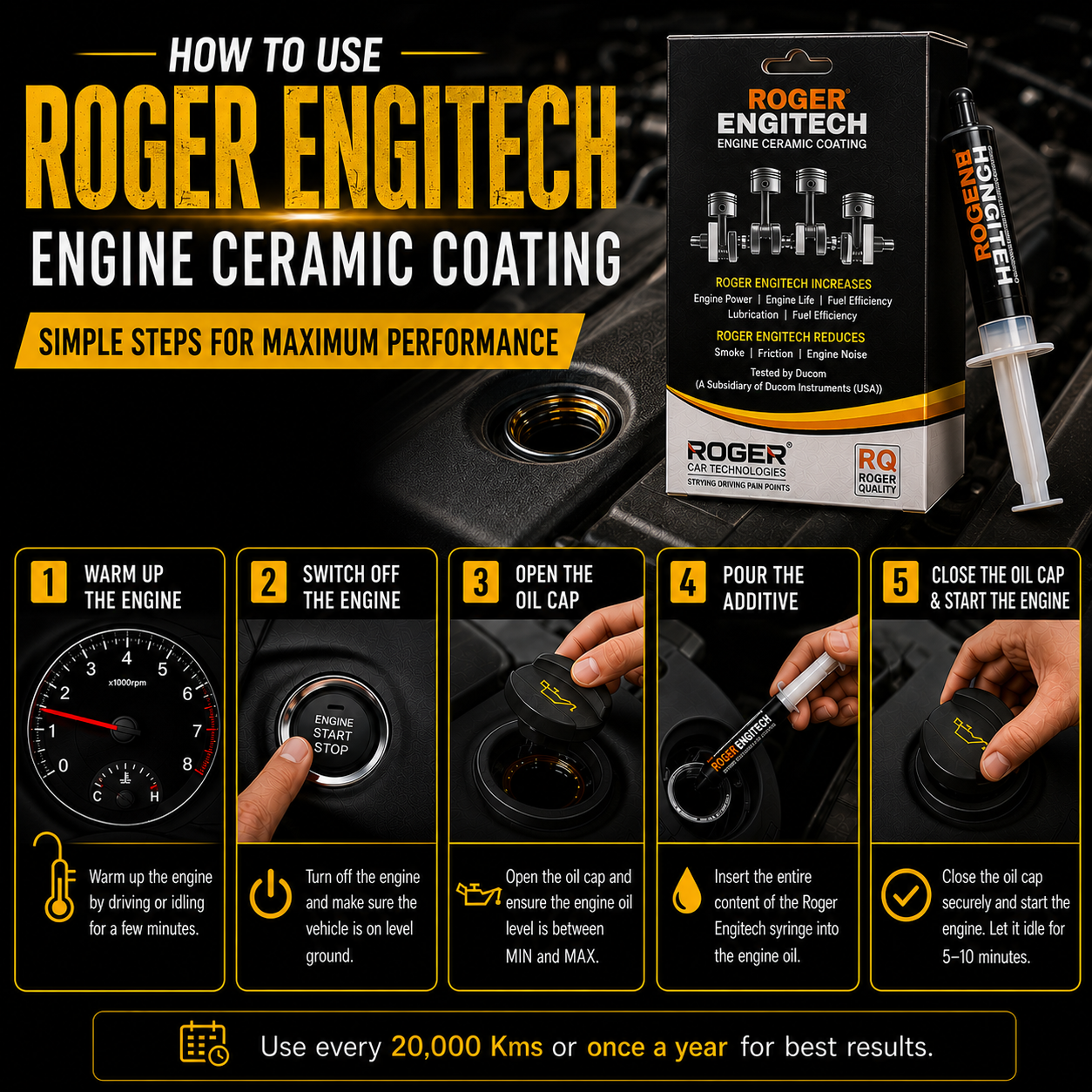 Roger Engitech Engine Oil Additive for Cars | Better Engine Pickup & Performance | Lasts Up to 20,000 km | Reduces Engine Noise | Nano Ceramic Technology|DIY Easy Application