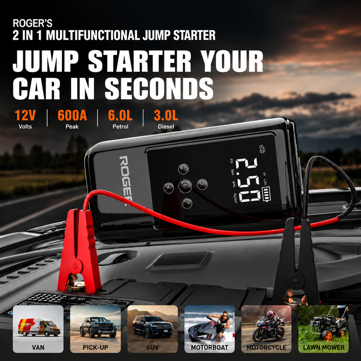 Supports 6.0L Petrol & 3.0L Diesel | Starts Dead Battery | 150 PSI Digital Inflator | 6000 mAh Power Bank | USB & Type-C Charging | 2-Year Warranty