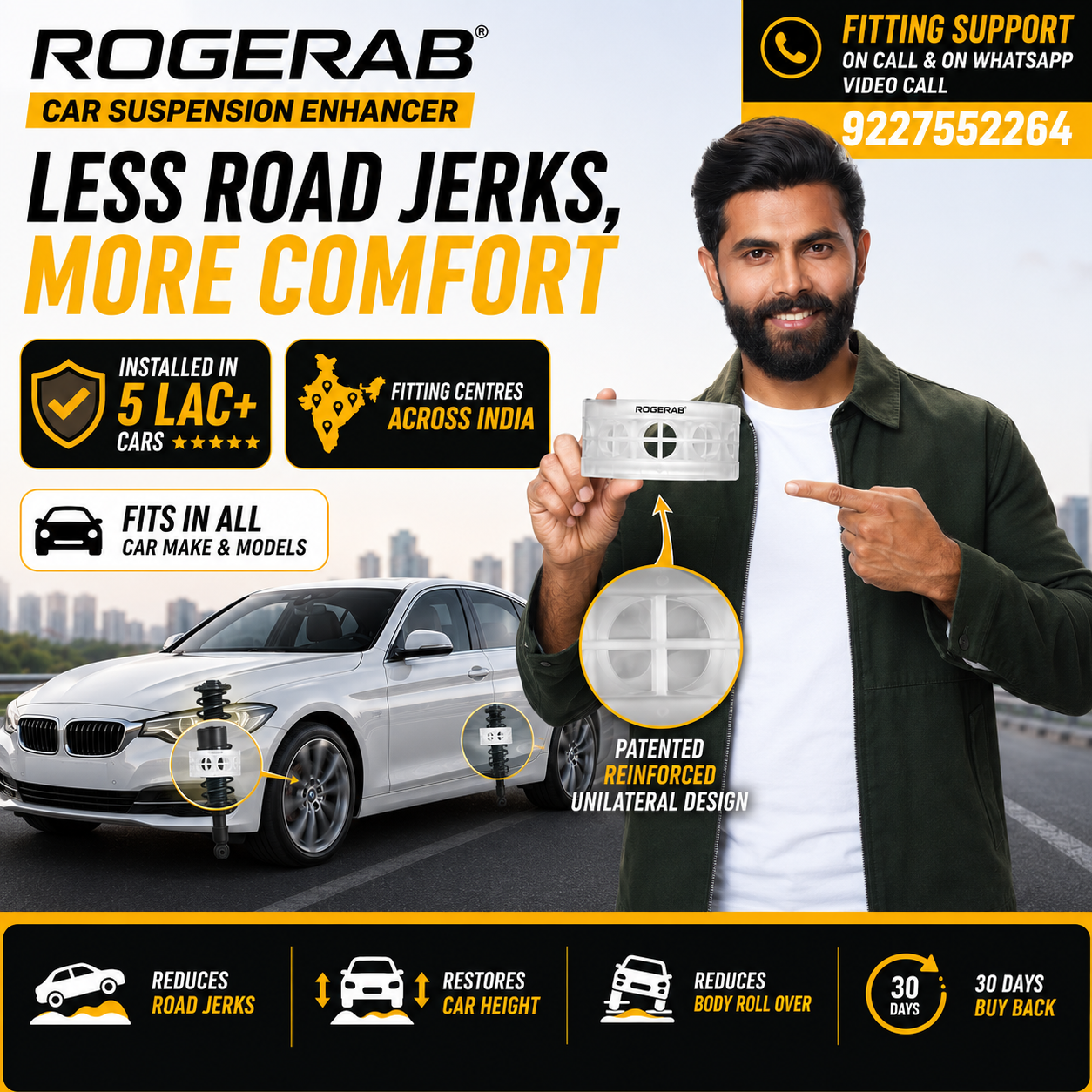 ROGERAB Standard Car Coil Spring Buffer (4 Pcs) For Reduced Road Jerks, Increased Stability, And Increased Height – Suitable For All Old & New Car Makes, Models & Variants