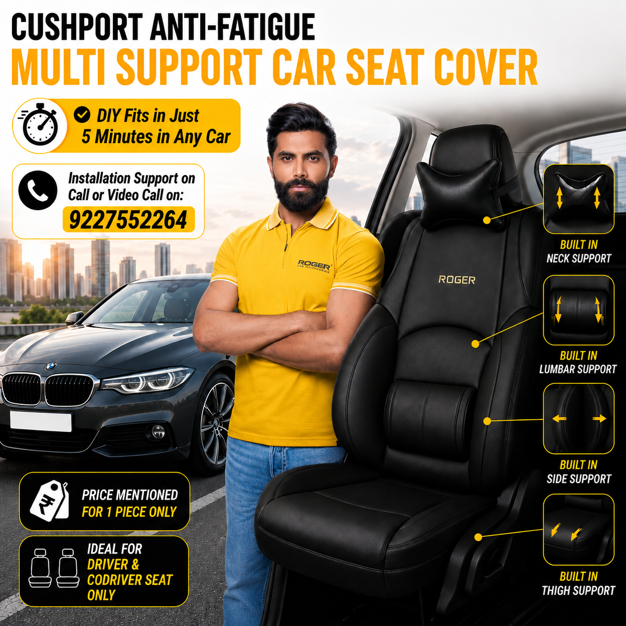 ROGER Cushport – Universal Multisupport Car Seat Cover Black