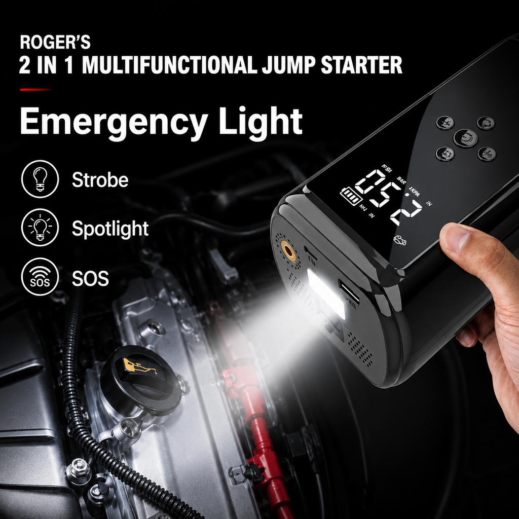 Roger 2-In-1 Multifunctional Jump Starter – Your Ultimate Car Emergency Companion! Jump-Start Your Vehicle, Inflate Tires, Charge Your Gadgets, Or Light Up The Night – All In One Compact Device. 🚗