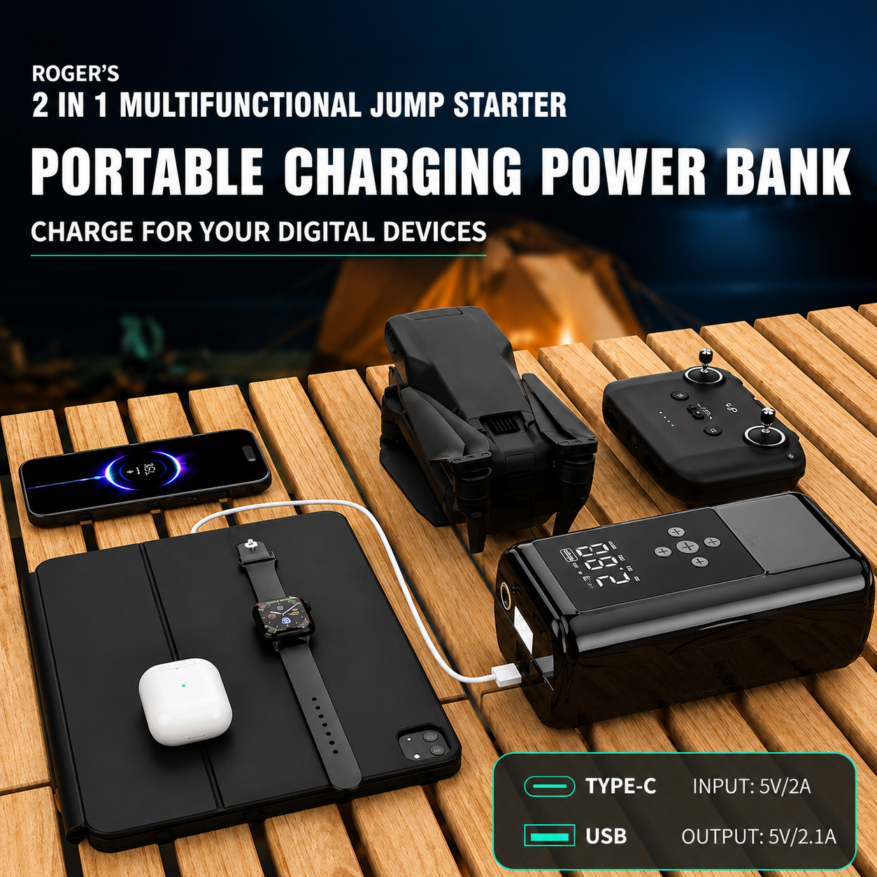 Roger 2-In-1 Multifunctional Jump Starter – Your Ultimate Car Emergency Companion! Jump-Start Your Vehicle, Inflate Tires, Charge Your Gadgets, Or Light Up The Night – All In One Compact Device. 🚗