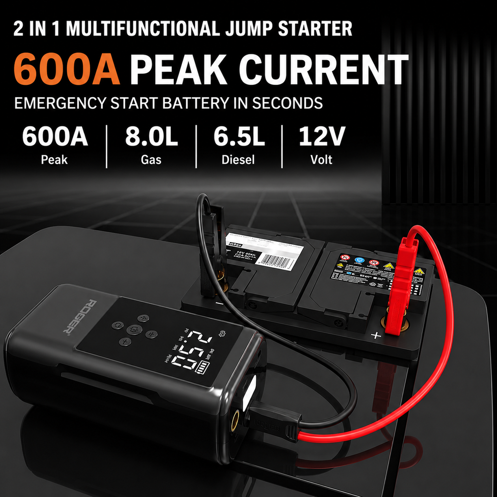 Roger 2-In-1 Multifunctional Jump Starter – Your Ultimate Car Emergency Companion! Jump-Start Your Vehicle, Inflate Tires, Charge Your Gadgets, Or Light Up The Night – All In One Compact Device. 🚗