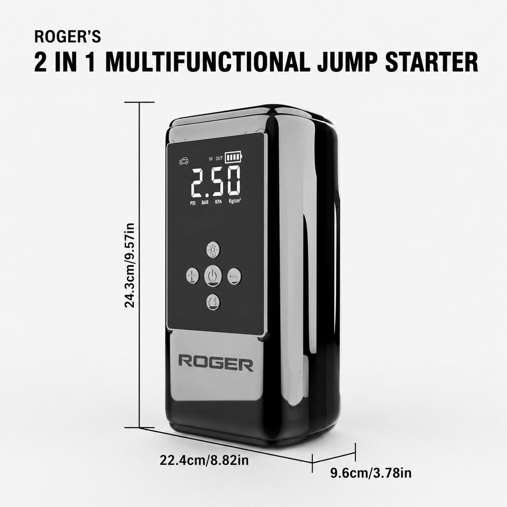 Roger 2-In-1 Multifunctional Jump Starter – Your Ultimate Car Emergency Companion! Jump-Start Your Vehicle, Inflate Tires, Charge Your Gadgets, Or Light Up The Night – All In One Compact Device. 🚗