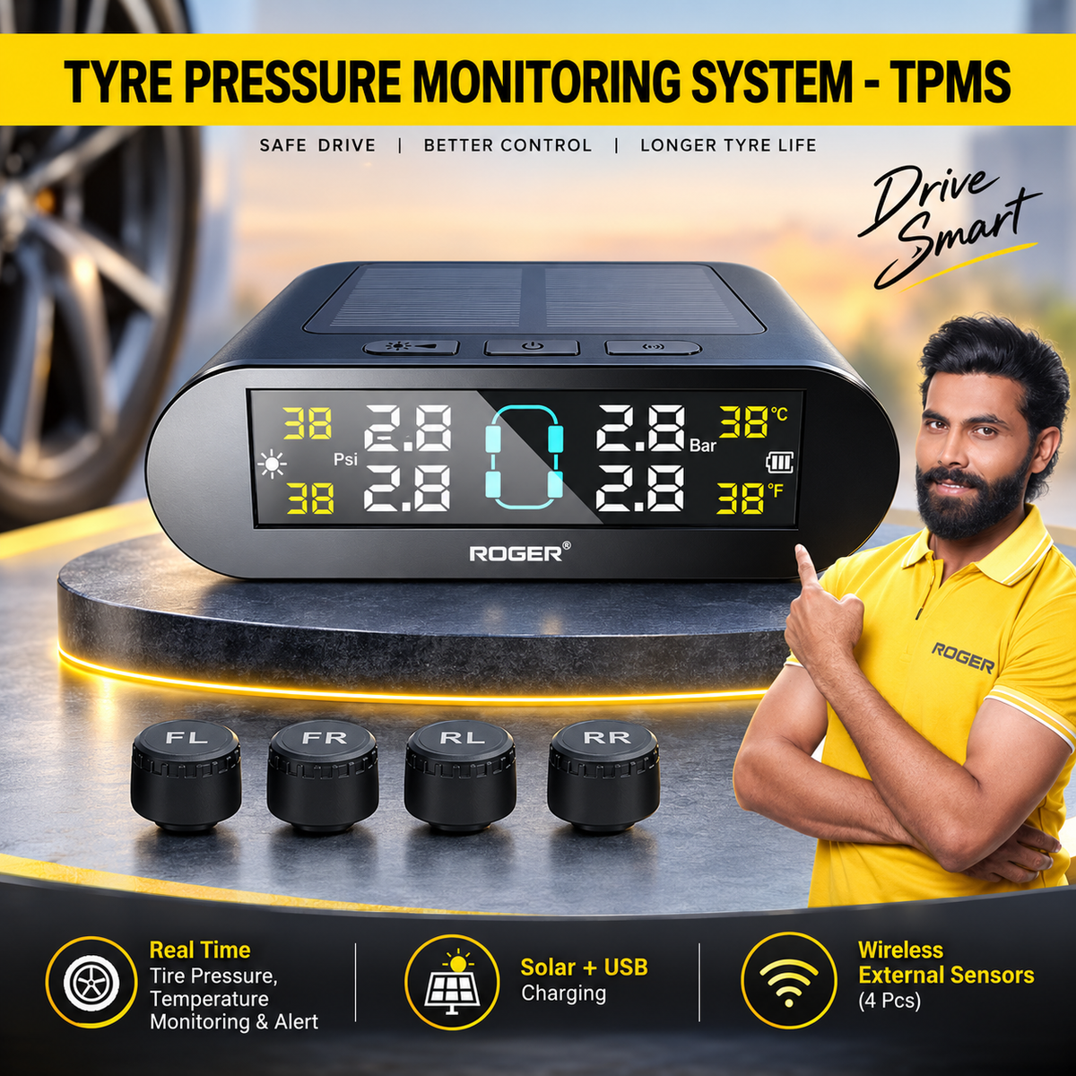 Roger TPMS | External Wireless Sensors | Real-Time Tyre Pressure Monitoring | Puncture Alert System | DIY Installation in Just 5 Minutes | Auto Power On/Off | 1-Year Warranty