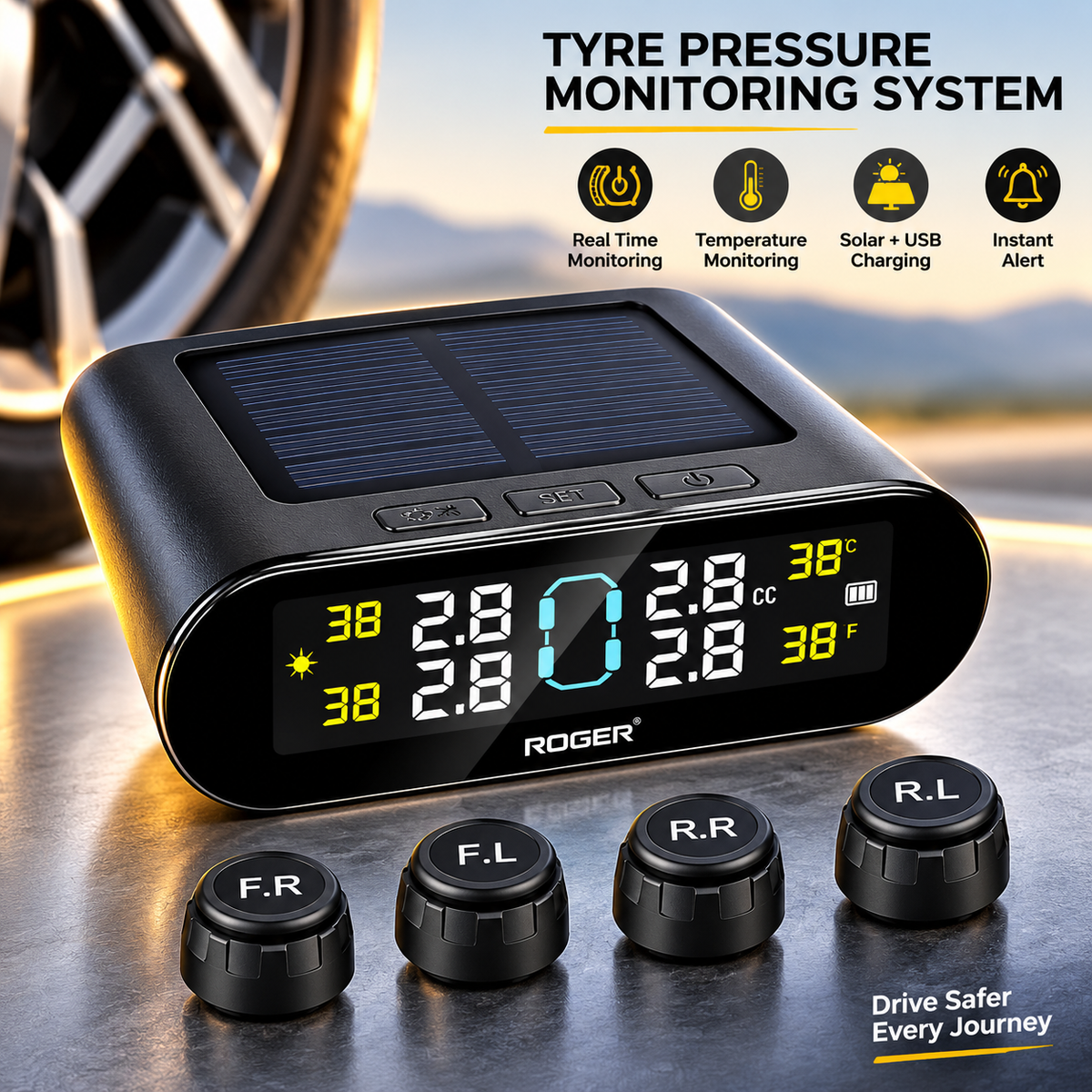 Roger TPMS | External Wireless Sensors | Real-Time Tyre Pressure Monitoring | Puncture Alert System | DIY Installation in Just 5 Minutes | Auto Power On/Off | 1-Year Warranty