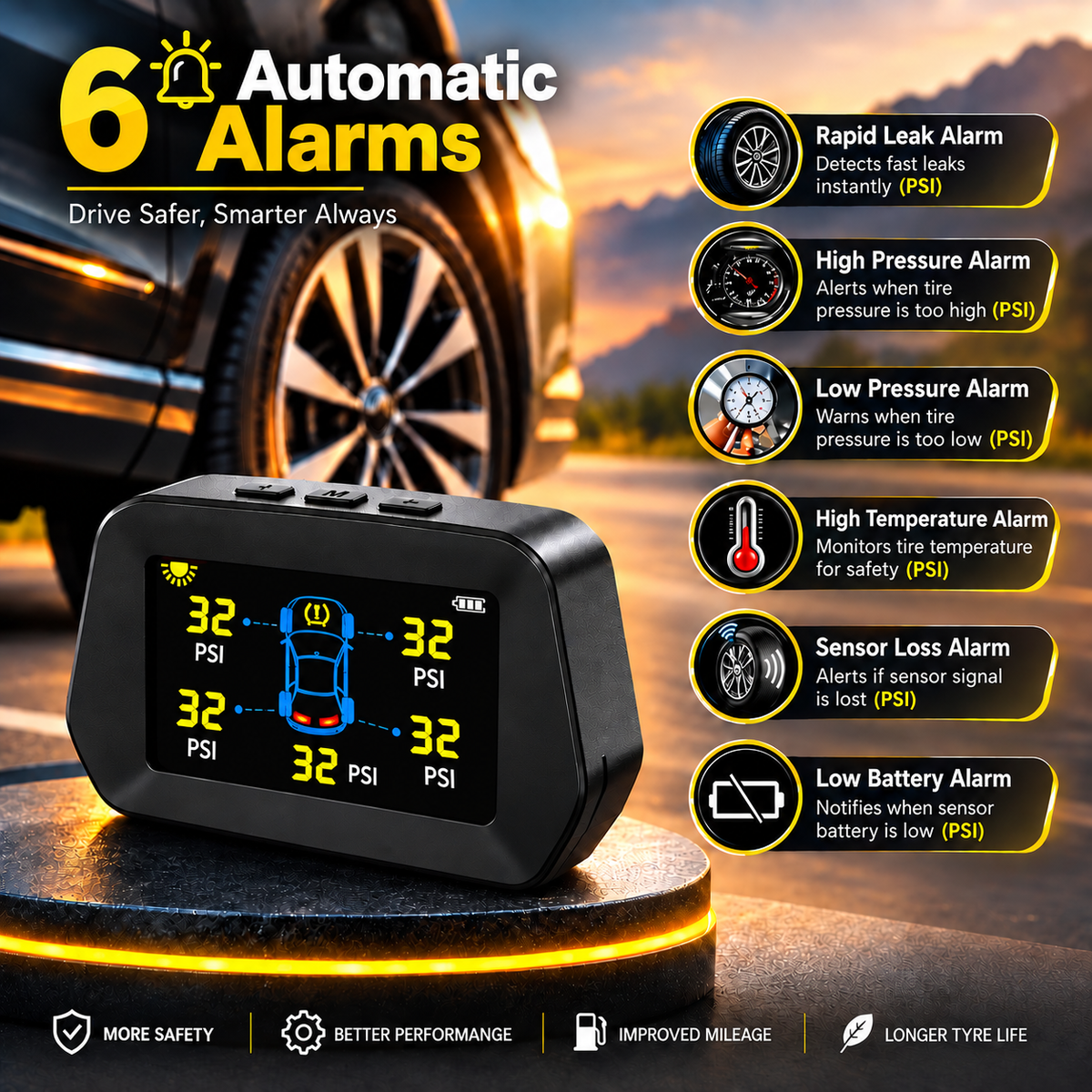 Roger TPMS | 5 Internal Sensors (Including Spare Tyre) | OEM-Style Sensors | Real-Time Tyre Pressure Monitoring | Instant Puncture Alerts | 2-Year Warranty | Auto Power On/Off