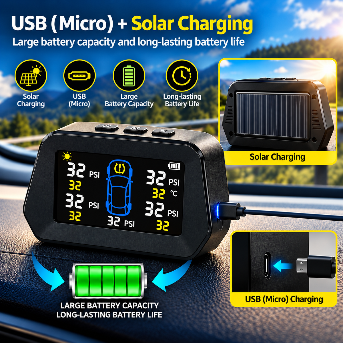 Roger TPMS | 5 Internal Sensors (Including Spare Tyre) | OEM-Style Sensors | Real-Time Tyre Pressure Monitoring | Instant Puncture Alerts | 2-Year Warranty | Auto Power On/Off