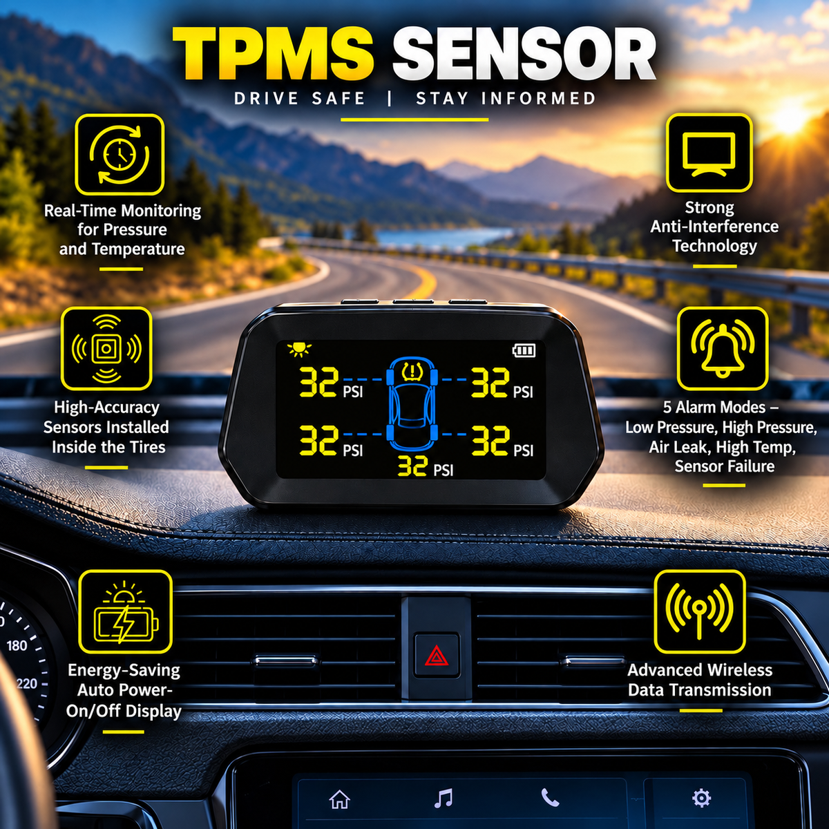 Roger TPMS | 5 Internal Sensors (Including Spare Tyre) | OEM-Style Sensors | Real-Time Tyre Pressure Monitoring | Instant Puncture Alerts | 2-Year Warranty | Auto Power On/Off