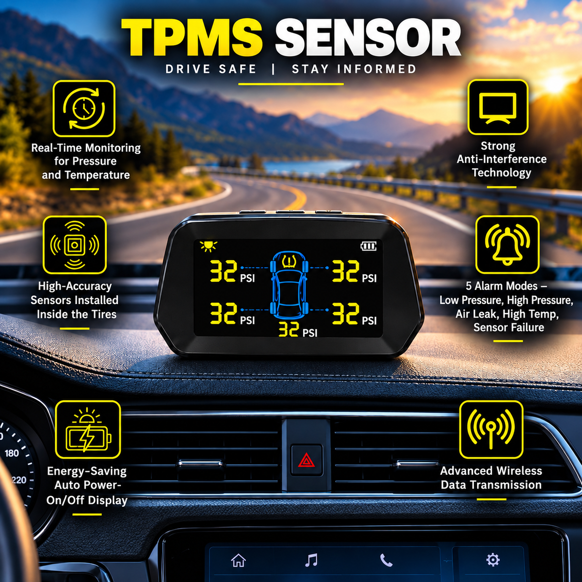 Roger TPMS | 5 Internal Sensors (Including Spare Tyre) | OEM-Style Sensors | Real-Time Tyre Pressure Monitoring | Instant Puncture Alerts | 2-Year Warranty | Auto Power On/Off