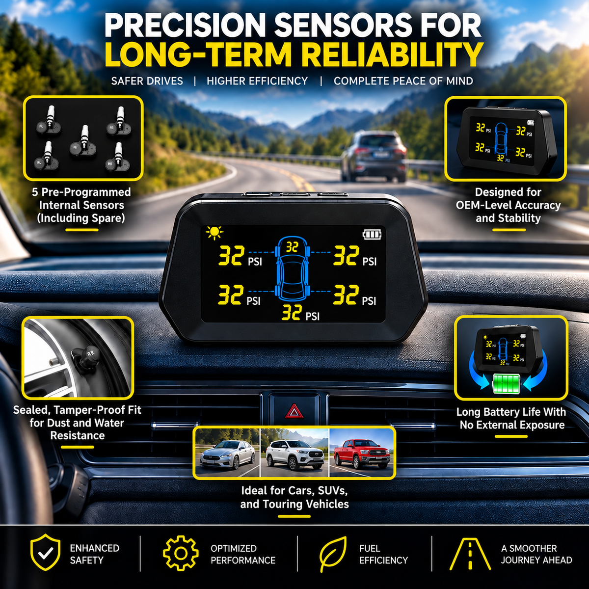 Roger TPMS | 5 Internal Sensors (Including Spare Tyre) | OEM-Style Sensors | Real-Time Tyre Pressure Monitoring | Instant Puncture Alerts | 2-Year Warranty | Auto Power On/Off