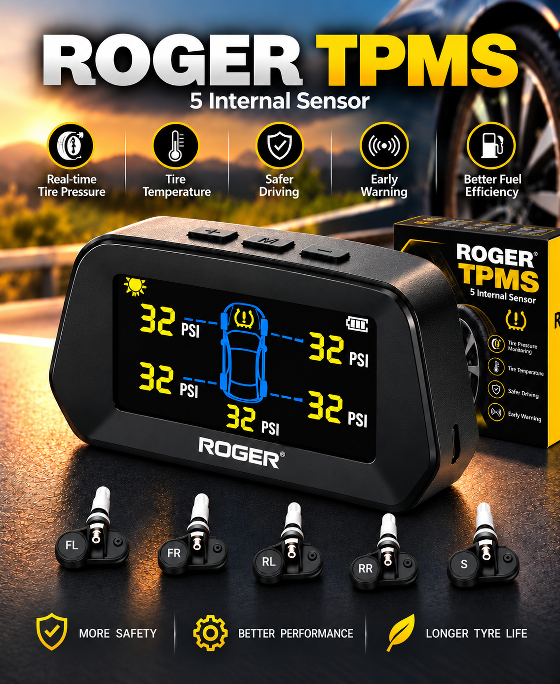 Roger TPMS | 5 Internal Sensors (Including Spare Tyre) | OEM-Style Sensors | Real-Time Tyre Pressure Monitoring | Instant Puncture Alerts | 2-Year Warranty | Auto Power On/Off