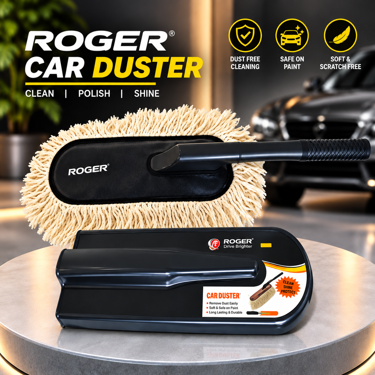 Roger Duster | Cleans & Polishes in Minutes | No Water Required | Long Handle for Rooftop & Windshield Cleaning | 6-Month Warranty | Scratch-Free Cleaning