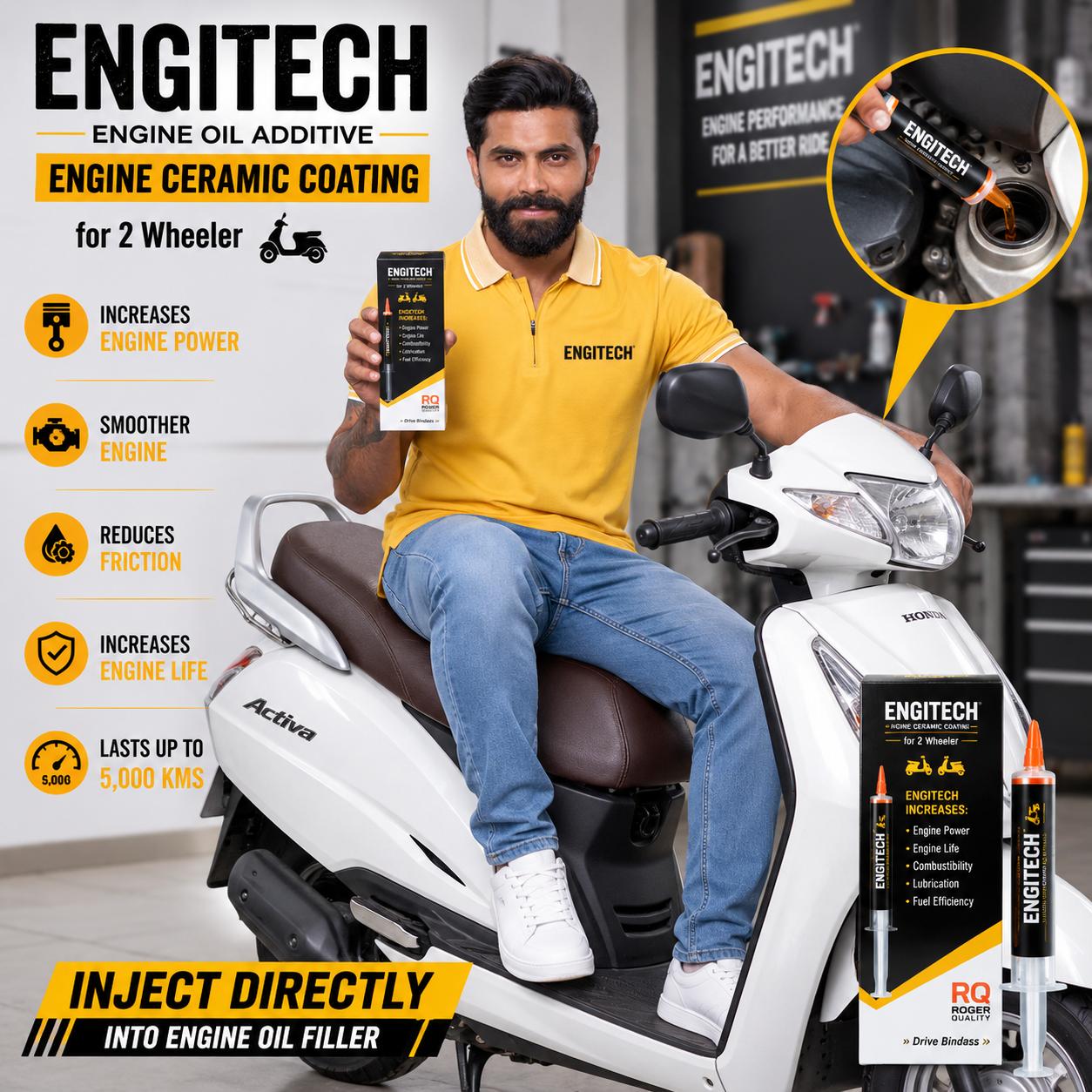 Roger Engitech Engine Oil Additive for Two-Wheelers | Reduces Engine Friction | Better Pickup & Performance | Reduces Engine Noise | Lasts Up to 5,000 km | DIY Easy Application
