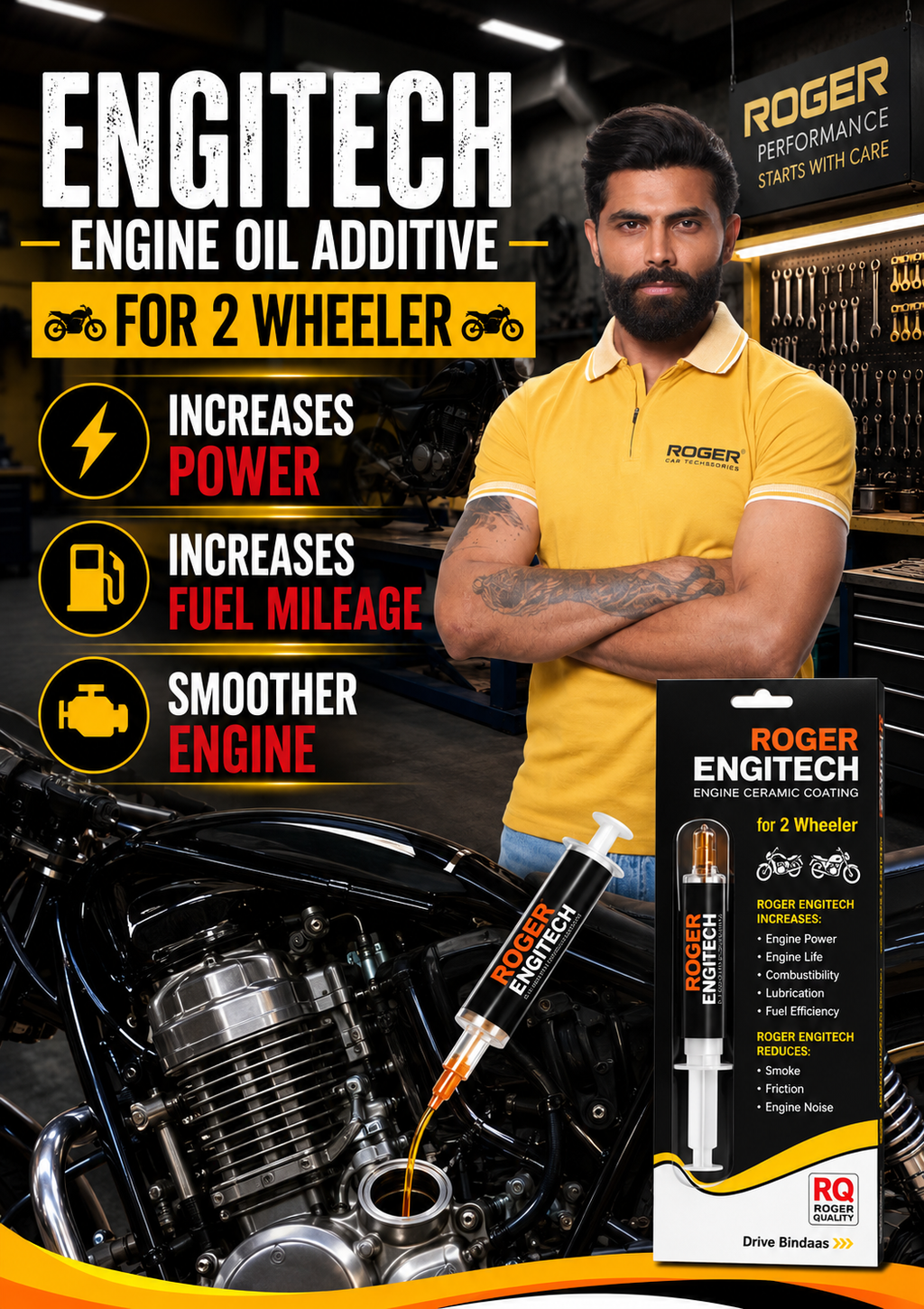Roger Engitech Engine Oil Additive for Two-Wheelers | Reduces Engine Friction | Better Pickup & Performance | Reduces Engine Noise | Lasts Up to 5,000 km | DIY Easy Application