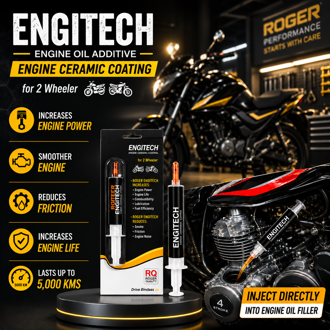 Roger Engitech Engine Oil Additive for Two-Wheelers | Reduces Engine Friction | Better Pickup & Performance | Reduces Engine Noise | Lasts Up to 5,000 km | DIY Easy Application