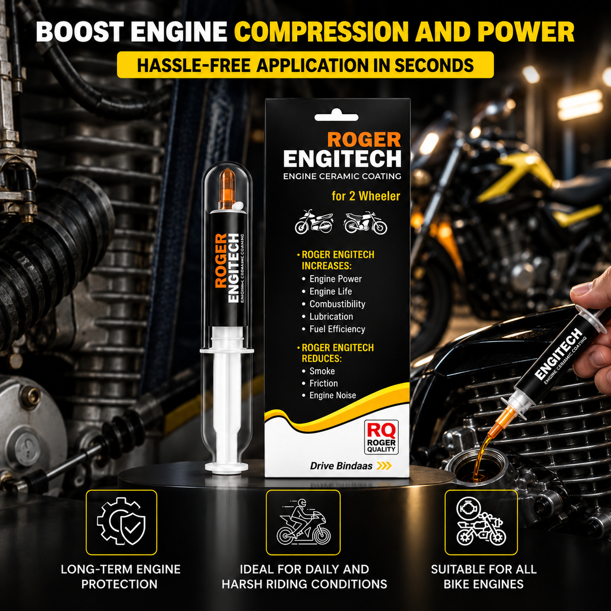 Roger Engitech Engine Oil Additive for Two-Wheelers | Reduces Engine Friction | Better Pickup & Performance | Reduces Engine Noise | Lasts Up to 5,000 km | DIY Easy Application