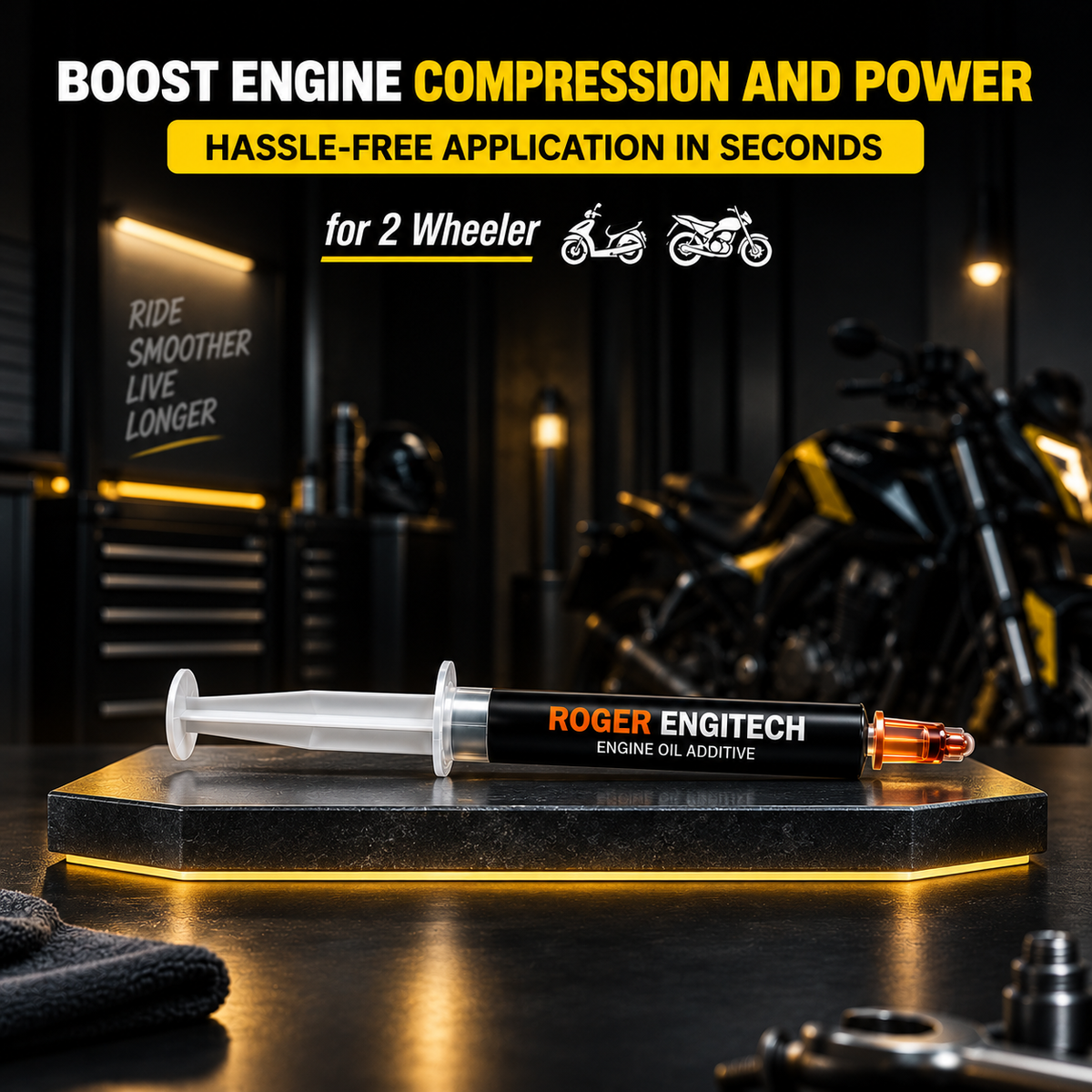 Roger Engitech Engine Oil Additive for Two-Wheelers | Reduces Engine Friction | Better Pickup & Performance | Reduces Engine Noise | Lasts Up to 5,000 km | DIY Easy Application