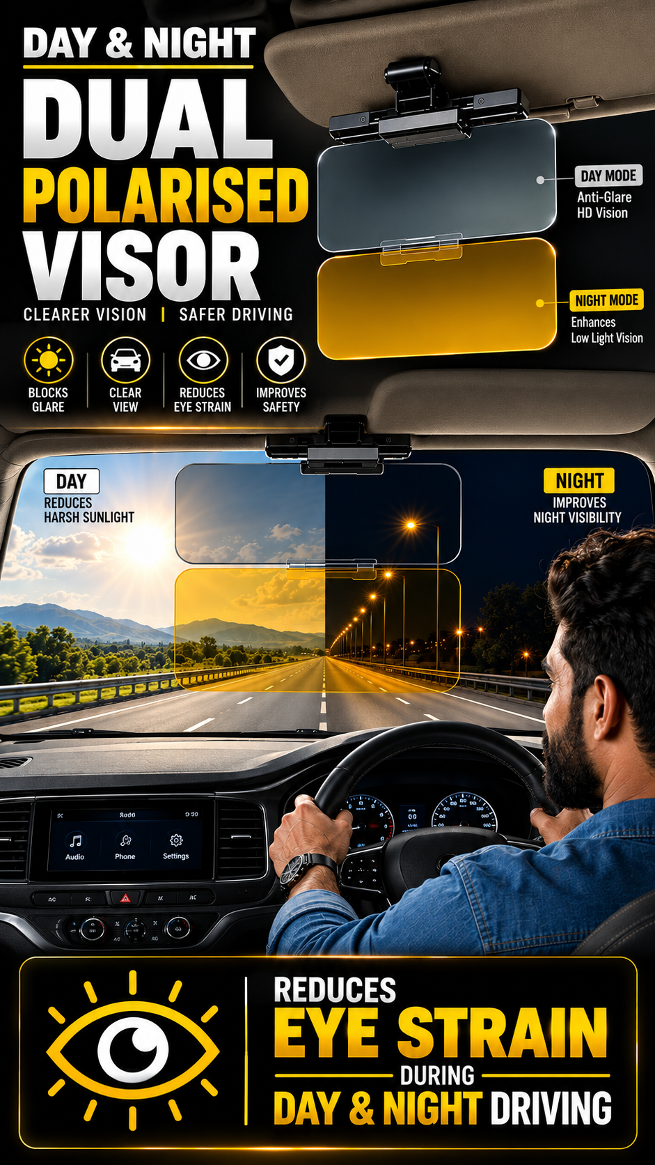 Roger Dual Day/Night Polarised Visor | Optical Grade | Reduces Eye Fatigue | Enjoy Day and Night Driving | UV and Blue Light Protection | Fits All Car Models