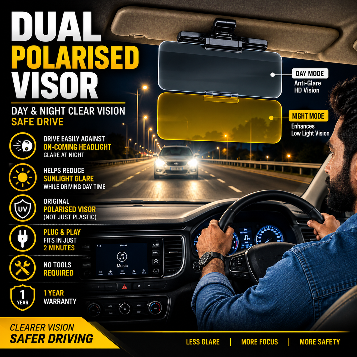 Roger Dual Day/Night Polarised Visor | Optical Grade | Reduces Eye Fatigue | Enjoy Day and Night Driving | UV and Blue Light Protection | Fits All Car Models